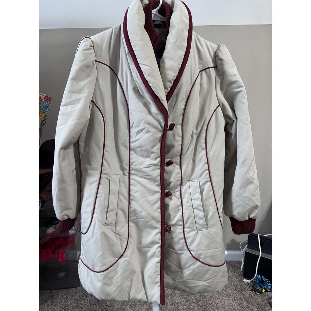 Vintage 70s Cream Burgundy Puffer Coat Ski Lodge Mod Jacket